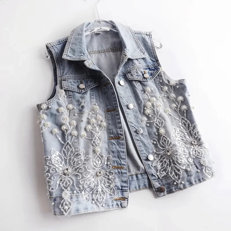 Women Denim Vest 2024 Pearls Fashion Ripped Autumn Jeans Jacket Sleeveless Loose Short Coat Causal Waistcoats Outwear Tops 240813