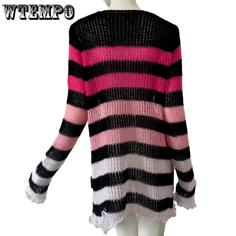 Goth Y2K Striped Sweater Ripped Punk Gothic Sweaters for Women Harajuku Aesthetic Halloween Pullover Tops 240812