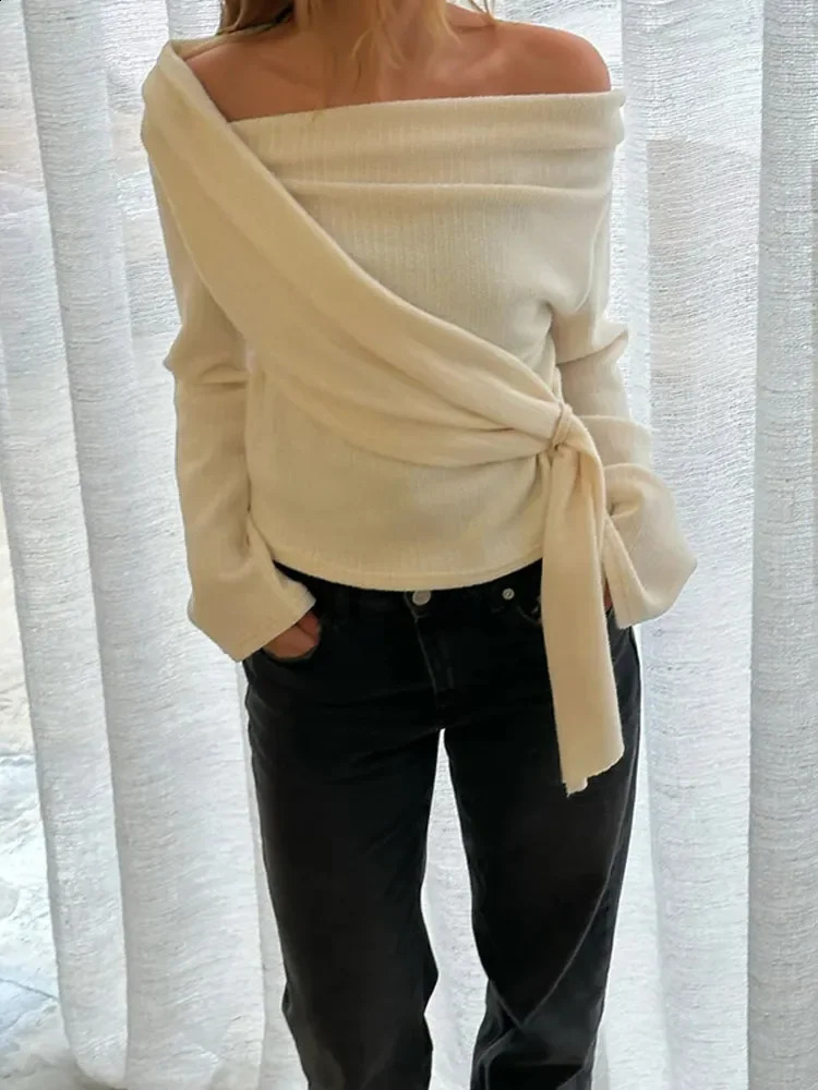 Home>Products>Womens Ultra Thin Cross Sweater>Solid Diagonal Collar Long Sleeve Pulling Flower Autumn Womens Knitted Jumper 240809