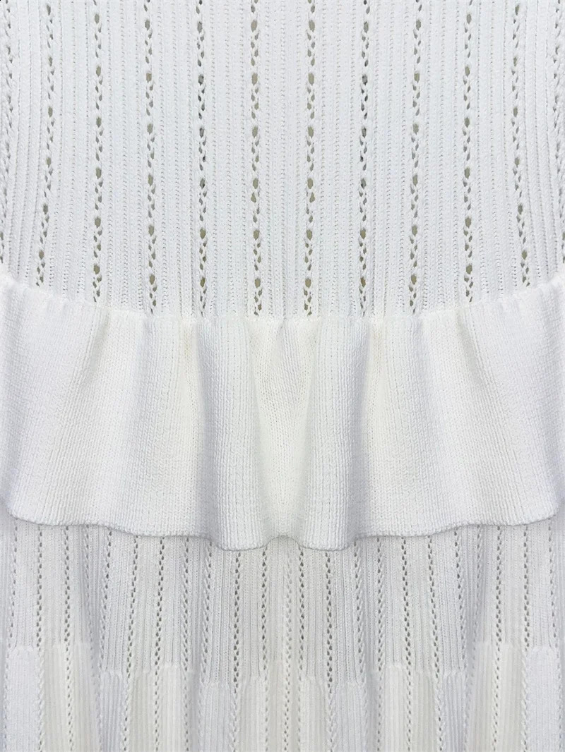 Early Autumn Women White Splicing Ruffle Mini Dress V-Neck Single-Breasted Lady Long Sleeve Slim Elegant Knit Robe 240810