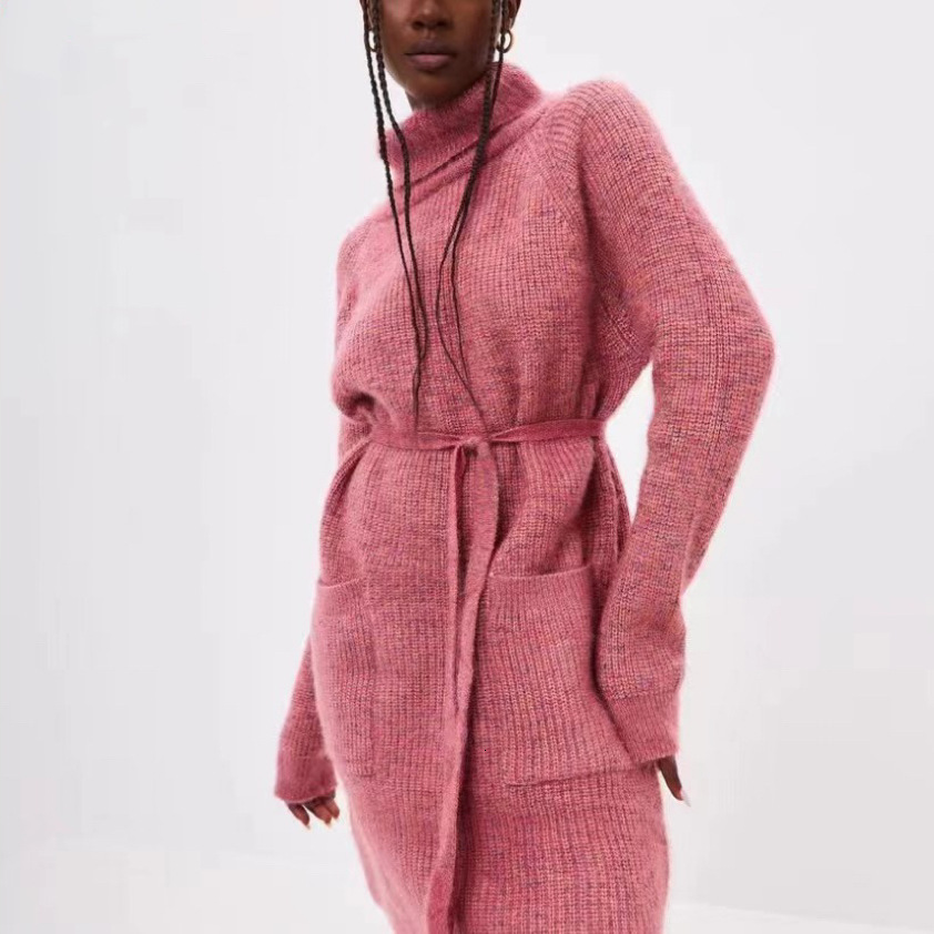 Women's mid to long length strap dress, solid color high neck pocket pullover knit sweater, women's 2024 autumn/winter new collection dongdu