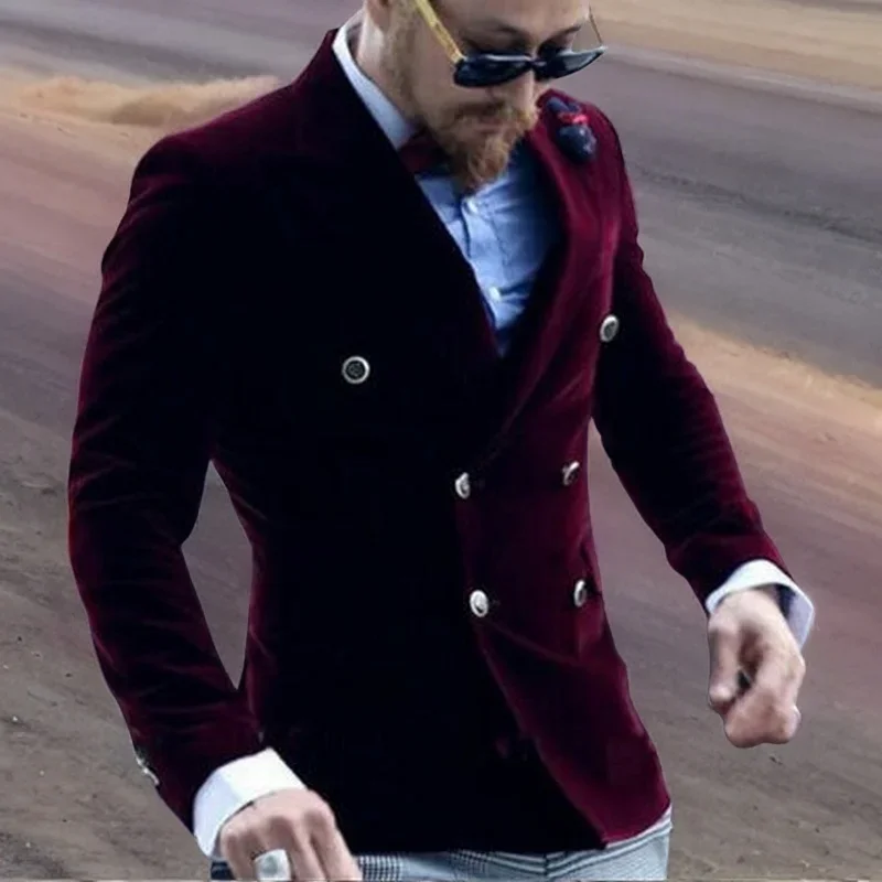 Velvet Smoking Jacket for Men Double Breasted Casual Suit Blazer Slim Fit 1 Pcs Burgundy Groom's Fashion Coat 2024