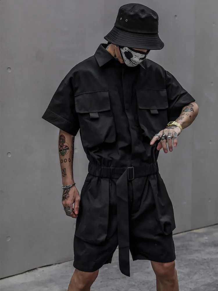 Houzhou Techwear mens short sleeved jumpsuit black bodysuit covering mens green mens Japanese streetwear summer pocket hip-hop240809 - view 6