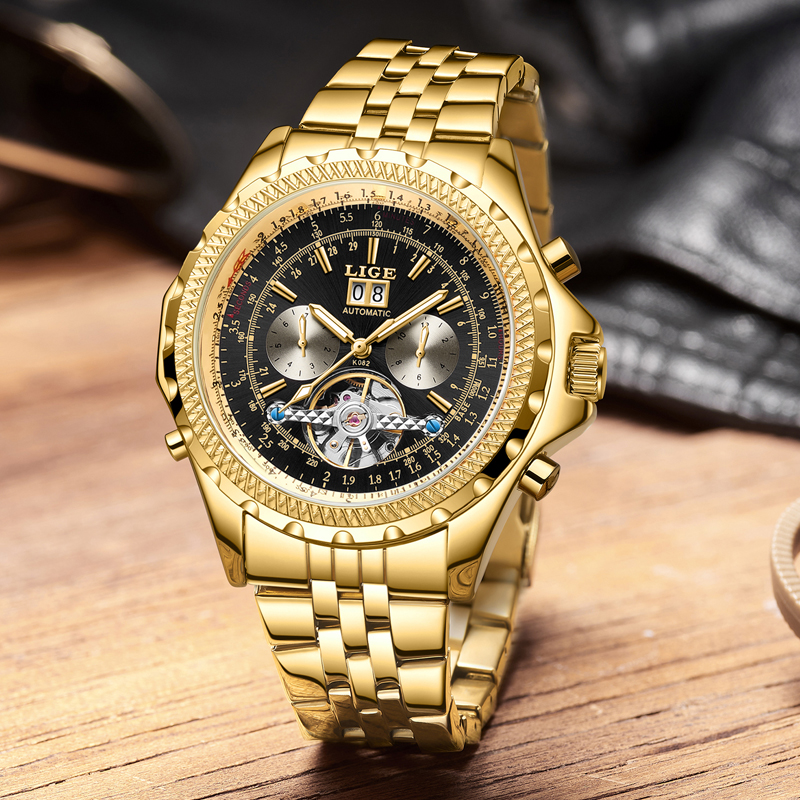 LIGE Youth fashion Mechanical Watch Men's waterproof watch Holiday Gift Luxury brand watch Multi-functional mechanical watch Calendar week