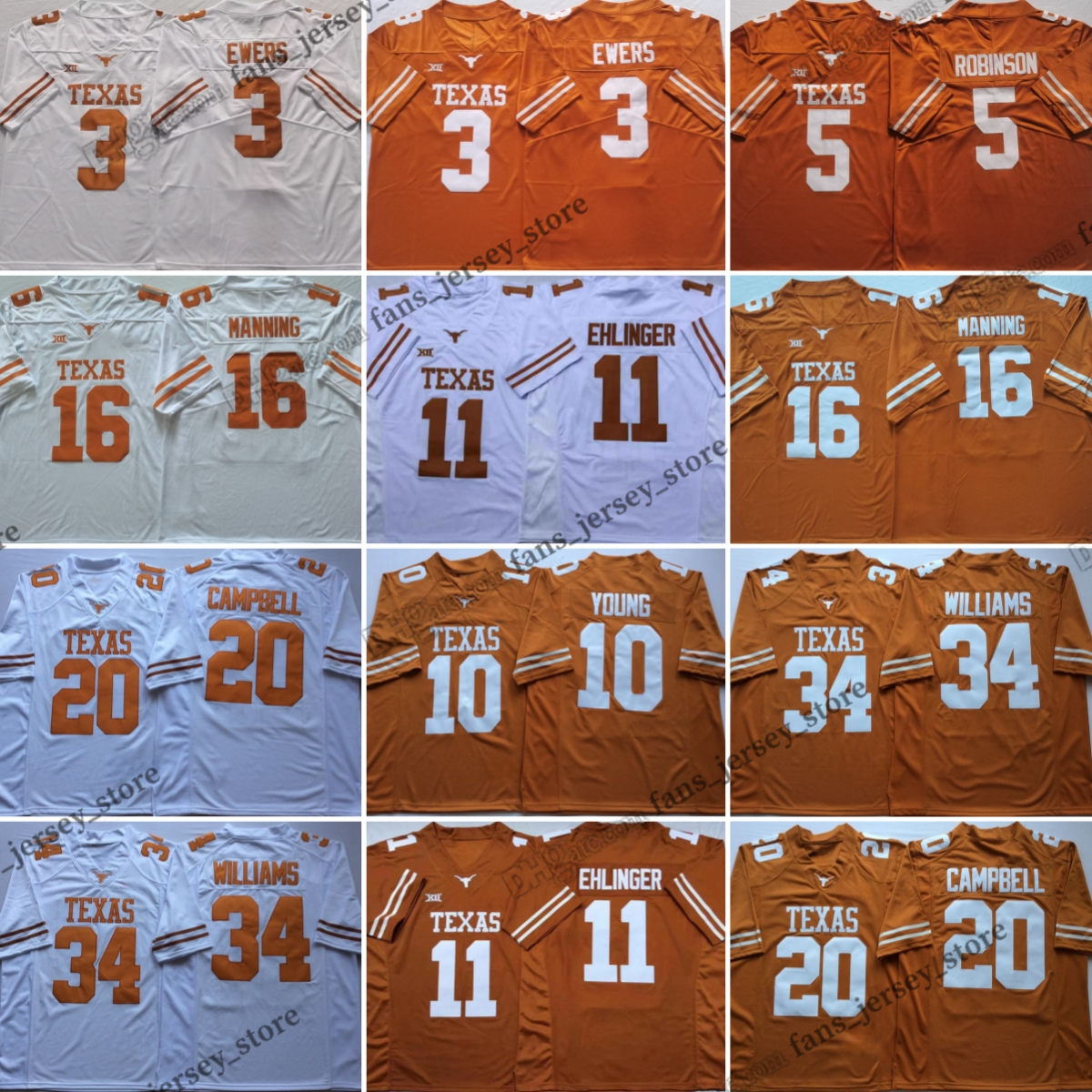 NCAA Texas Longhorns Football Jersey 3 Quinn Ewers 16 Arch Manning Williams Campbell Robinson Ehlinger Young Mens XS-3XL