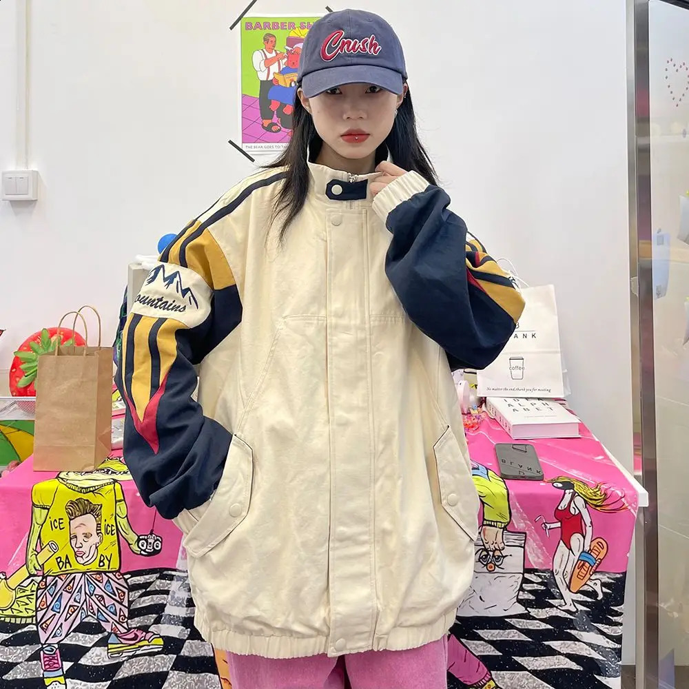American Stand Collar Coat Men Autumn Harajuku High Street Colorful Punching Jacket Unisex Oversize Patchwork Baseball Uniform 240810