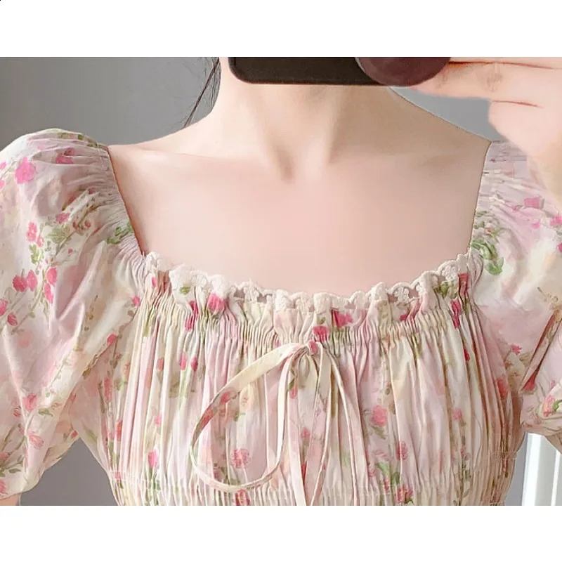 Puff Sleeve Square Neck Floral Print Maiden Prairie Chic Dresses Small Womens Tea Break French Tight Calf Length Long Skirt 240810