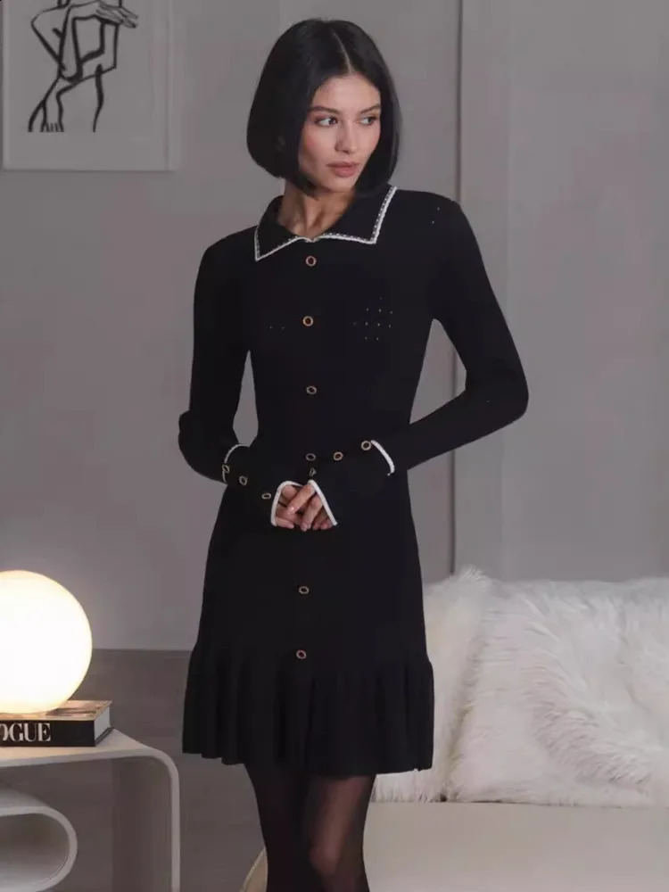 Mozision Autumn Long Sleeve Knit Dress For Women Fashion Lapel Single-btrasted Button High Waist Ruffled Mini Dress Knitwear 240819