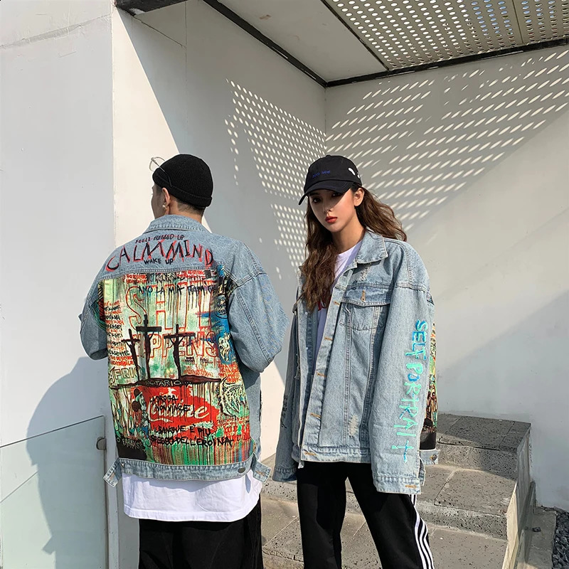 ABOORUN Mens Hip Hop Denim Jackets Fashion Graffiti Printed Denim Jackets Streetwear Oversize Coat for Male R1200 240810