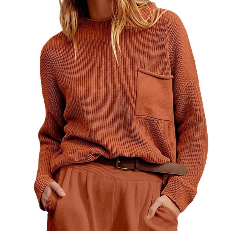 2024 autumn and winter new women's round neck long sleeved pocket knitted lazy style sweater dongdumaoyi