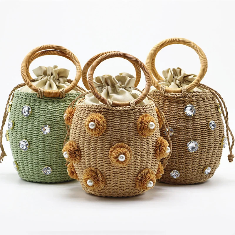 2023 Handmade Water Diamond Crystal Embossed Straw Bag Bucket Womens Travel Wallet Handbag Sac en Paille 240809Z