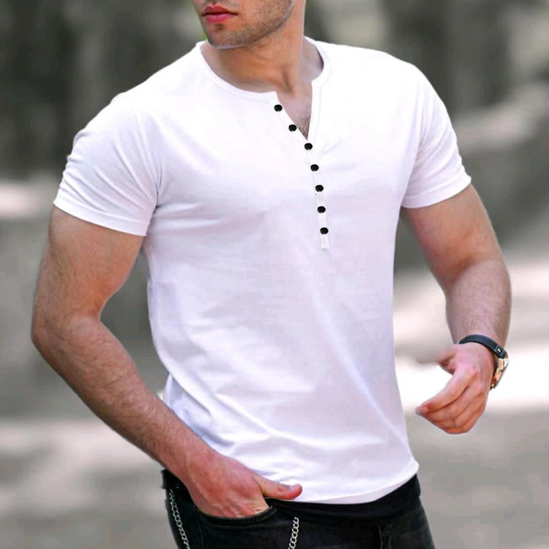 24ss Mens Summer New Mens Henley Shirt Solid Color Button Mens Short Sleeve T-shirt