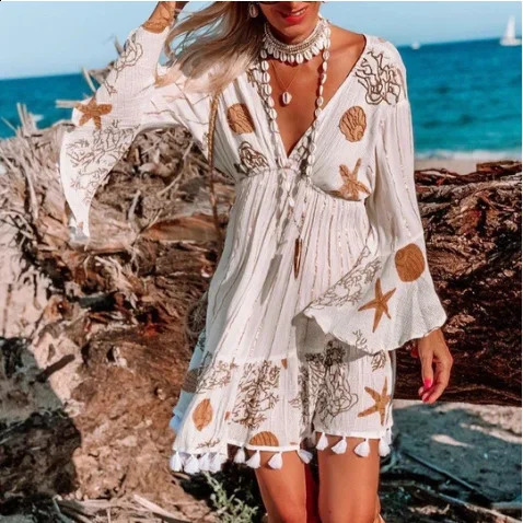 Women starfish flower print long sleeve v-neck beach Bohemian dress tassel mini Boho dress vestidos 240810