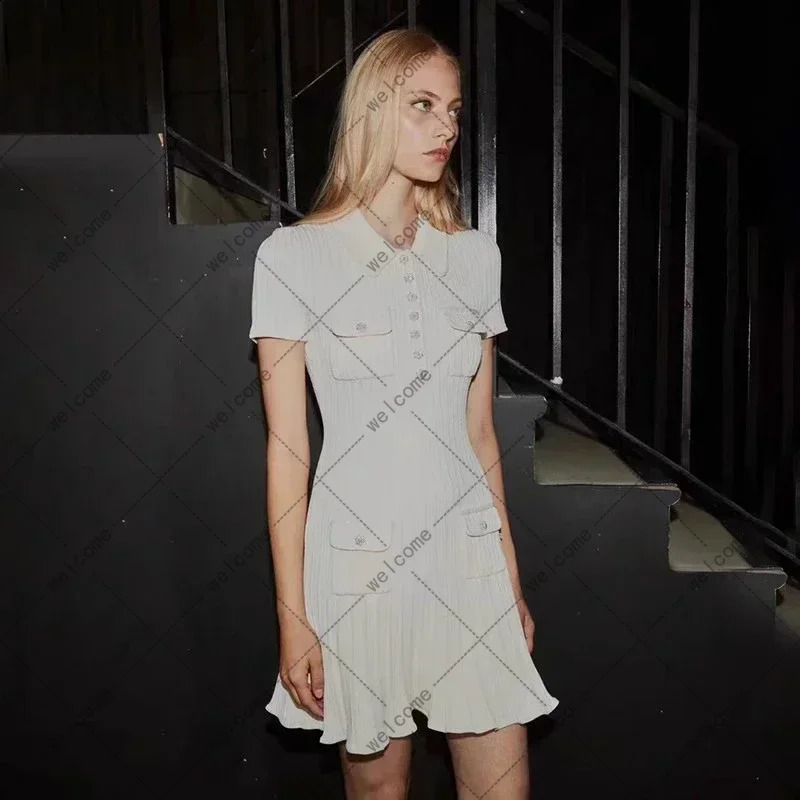 Spring Summer Polo Neck Short Sleeve Knitted Dress Y2K Fashion Elastic Slim Fit Multi Pocket Wrapped Hip Skirt 240810