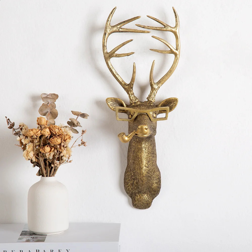 Vintage Gold Deer Head Statue Wall Hanging Decoration Rabbit Wolf Head Animal Sculpture Home Bar Office Interior Wall Art Decor 240809