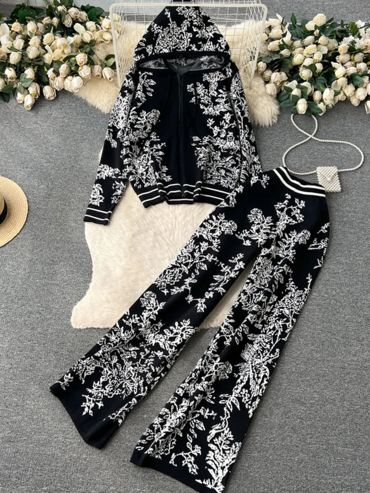 Leisure Fashion Sports Set Age Reducing Knit Shirt 2 Piece For Womens High-end Grade Printed Hooded Sweater Wide Leg Long Pant 240809