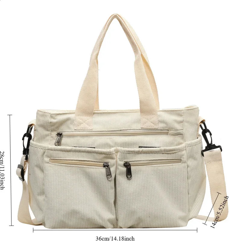 Corduroy large capacity womens shoulder bag classic Korean style elegant handbag travel multilayer thick cross body 240809Z