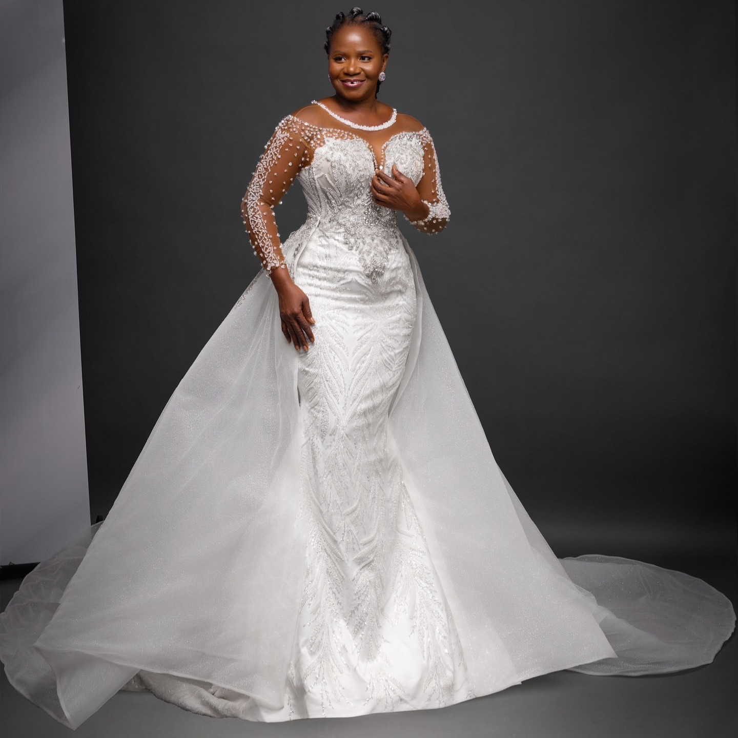 2024 Arabic Aso Ebi Plus Size Ivory Mermaid Wedding Dresses Lacefull Crystals Beaded Detachable Train Bridal Gowns Dress Vestidos De Novia ZJ412