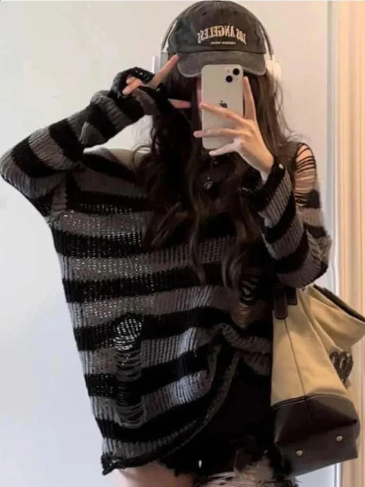 Gothic Sexy Hollow Out Sweaters Women Y2K Striped Loose Long Sleeve Punk Knitted Jumpers Streetwear Harajuku Hip Hop Tops 240812
