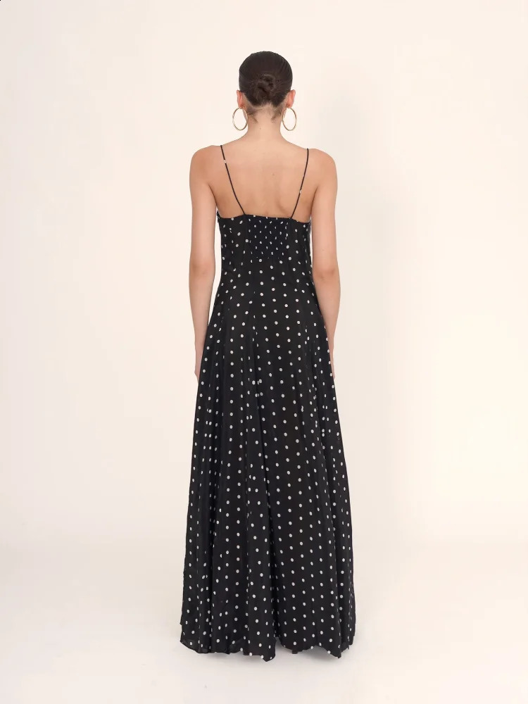 Polka dot print spaghetti strap pants for 2024 summer classic high waisted Aline party dress lace streetwear long skirt 240809