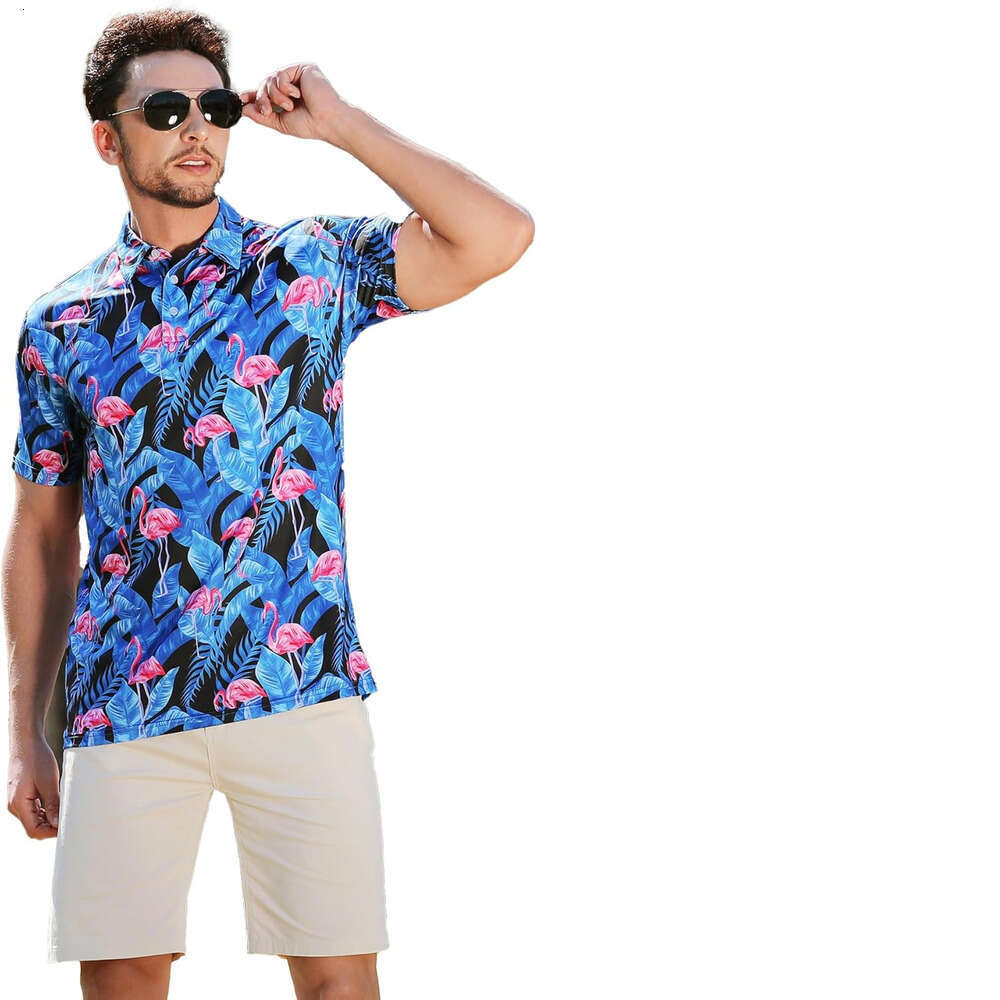 Fashion Mens Polo shirt Short Blue flamingo Moisture Wicking Hawaiian Tropical Stretch Golf Shirt Polos shirts tshirt Casual tops summer clothes