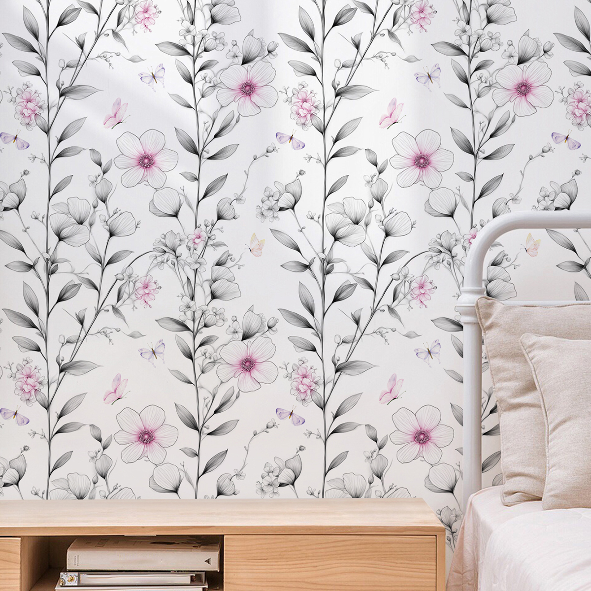 Cross border wallpaper green plants flowers butterfly patterns retro personalized sketches watercolor style waterproof and moisture-proof home decorat