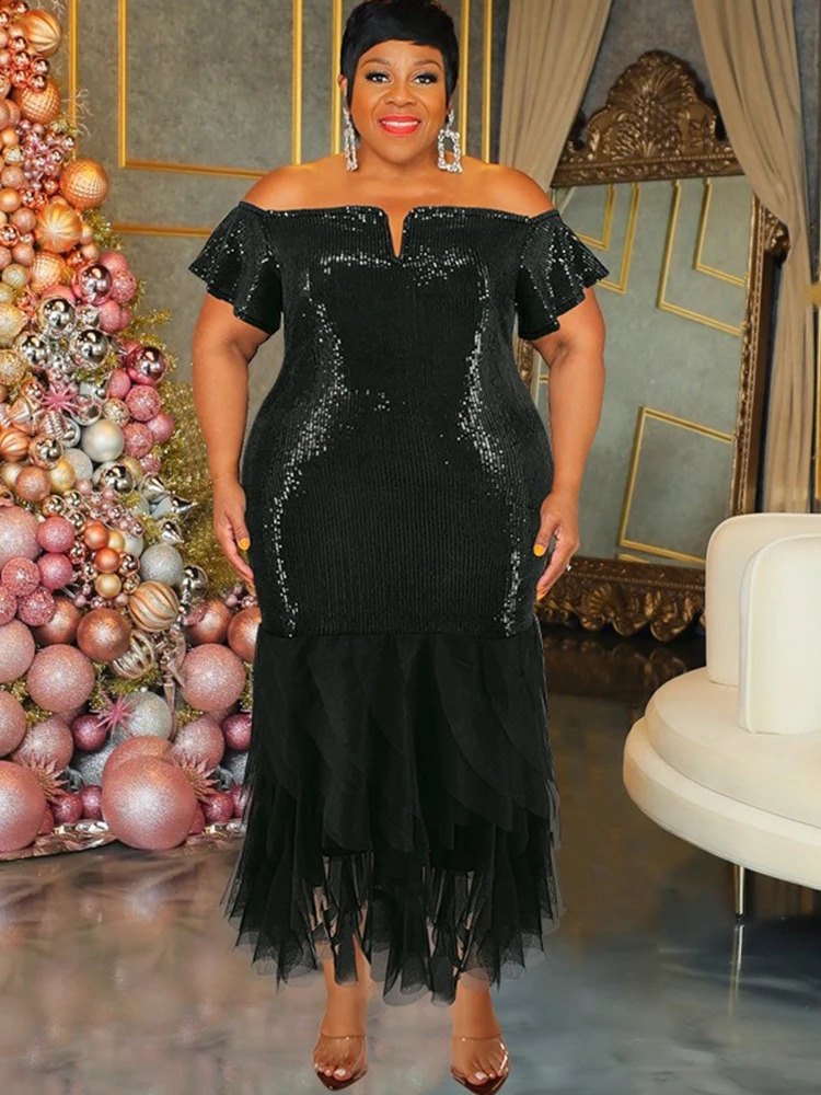 Elegant Dresses for Curvy Women for Evening Party Mesh Hem Black Sequin Dress Off The Shoulder Sexy Vintage Dress Plus Size 240810