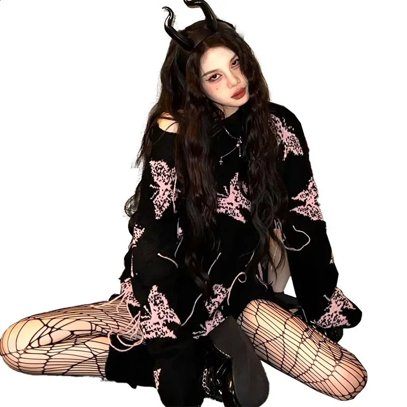 Gothic Round Neck Drop Shoulder Crop Sweater Long Sleeve Knitted Top Womens Hip Hop Pullover Tops 240812