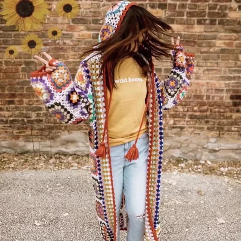 AYUALIN Boho Ethnic Floral Crocheted Knit Sweater Coat Retro Embroidery Chic Oversize Hooded Coats Mohair Women Sweaters 240809