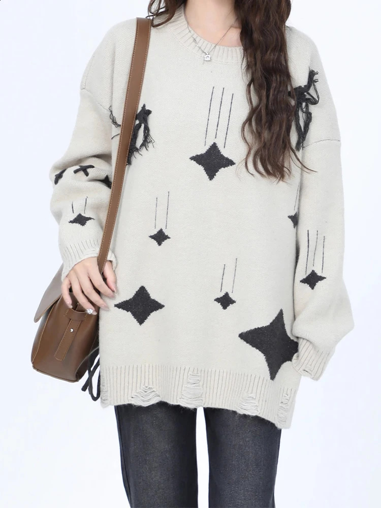 Womens Apricot Pullover Knitted Star Sweater Harajuku Aesthetic Y2k Long Sleeves Sweaters Fashion Vintage 2000s Clothes Autumn 240812
