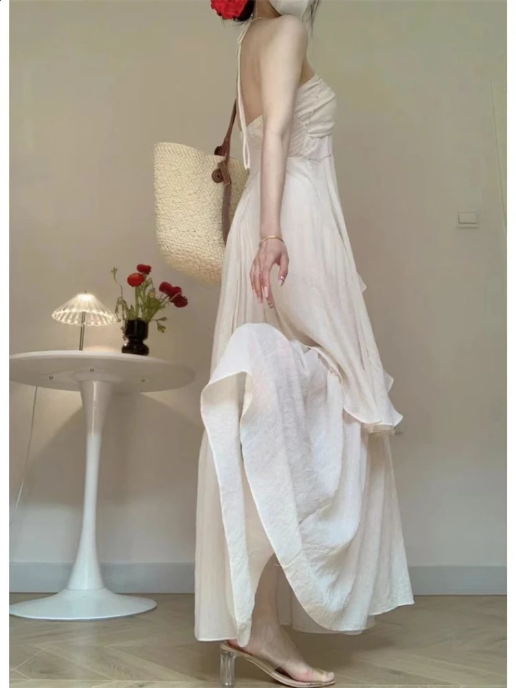 White 2 Piece Dress Sets Summer French Romance Elegant Halter Blouse Sweet Skirts Fairy Style Beach Party Aesthetic 240810