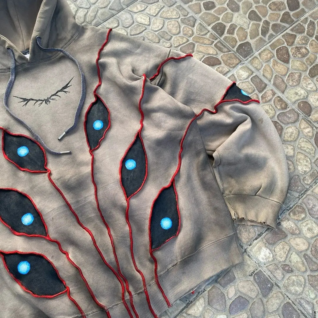 Gothic Punk Eye Pattern Patchwork Hoodies Women Y2k Top Retro Loose Long Sleeve Sweatshirt Men and Women Hoodie Streetwear 240810