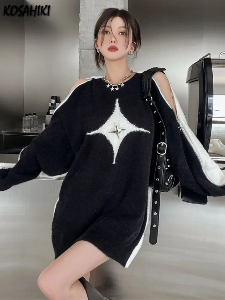 Y2k Fashion Strapless Sweater Womens Gothic Street Clothing Black Patch Work Star Jumper Harajuku Knitwear 240809