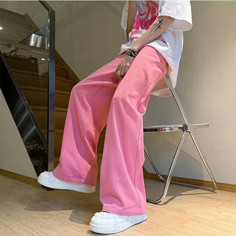 Pink Jeans Men Summer Vintage Simple Solid Color All-match Baggy Wide Leg Trouser Cozy High Street Harajuku Korean Style Clothes 240814