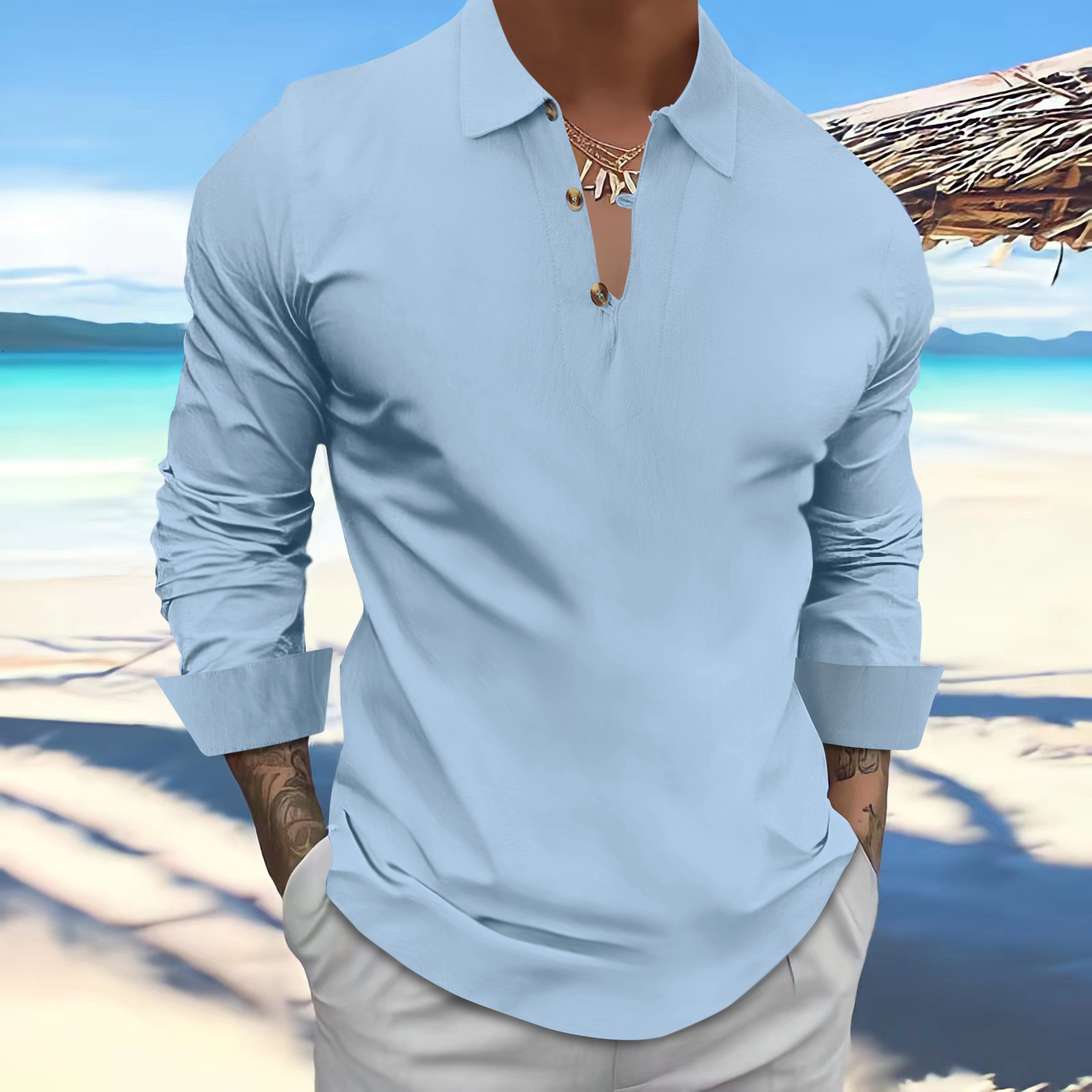 Spring and Summer Mens Long Sleeved Cotton and Linen Lapel Button Casual Polo Shirt