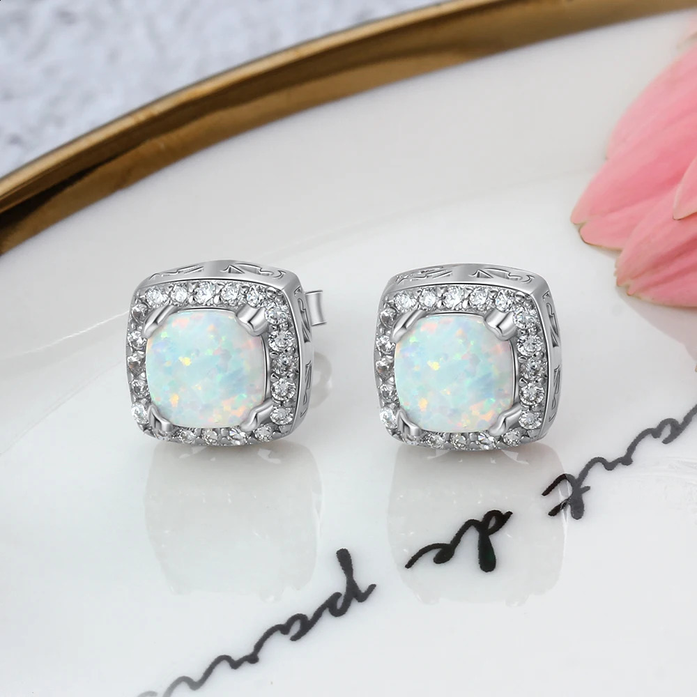 Womens Square Opal Jewelry Set White Opal Necklace Earrings Wedding Bridal Jewelry Set Lin Zhongxin Square 240805