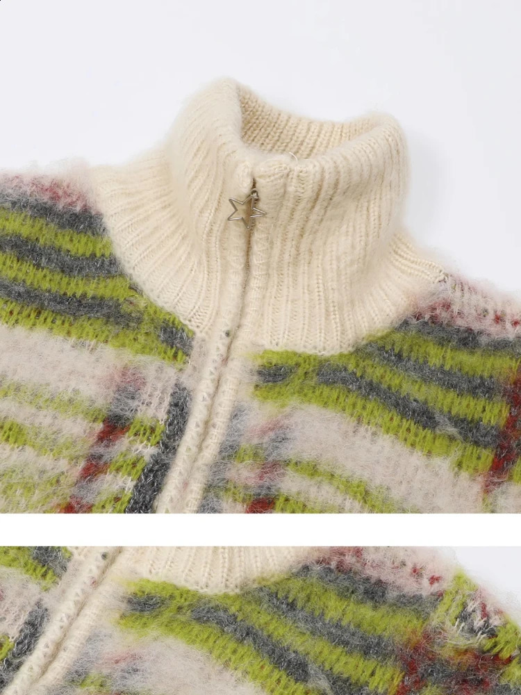 Plaid Cardigan Women Autumn Contrast Color Baggy Retro sweet American Style Daily Trendy Slouchy Blocking Couple 240809