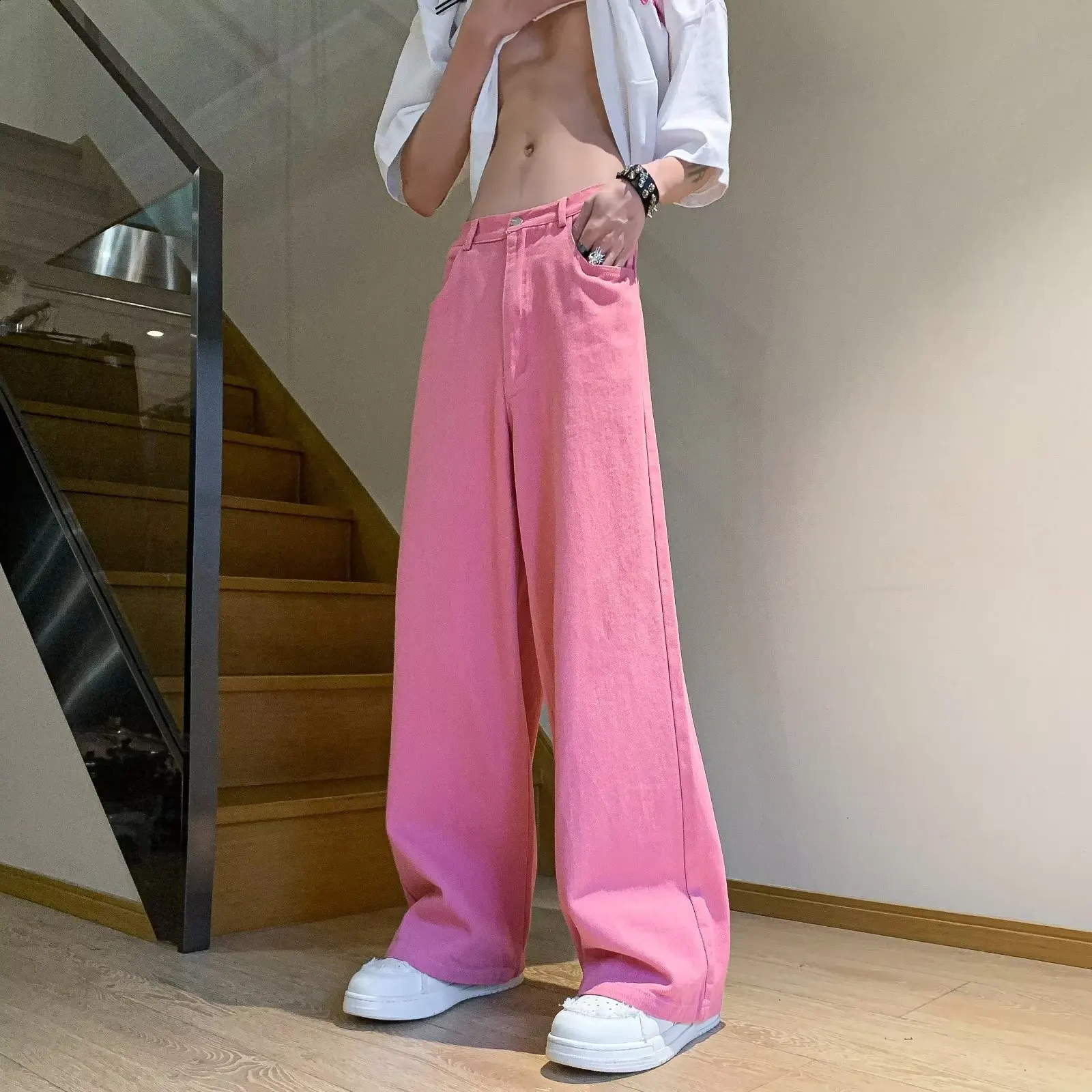 Pink Jeans Men Summer Vintage Simple Solid Color All-match Baggy Wide Leg Trouser Cozy High Street Harajuku Korean Style Clothes 240814