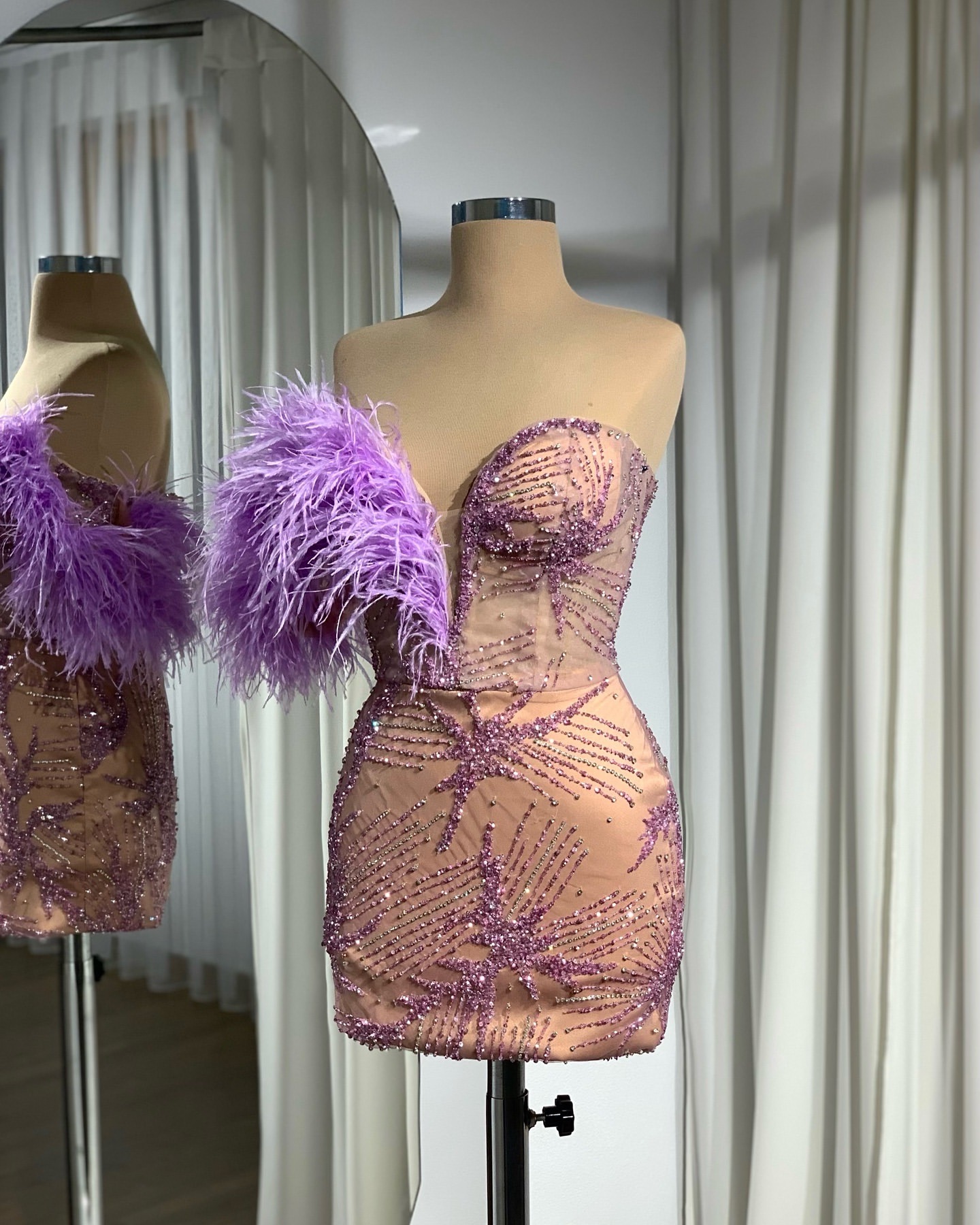 2024 Lilac Illusion Homecoming Dresses Fulllace Prom Evening Sheath Feather Short Mini Party Graduation Cocktail Birthday Holiday Club Gowns Dress ZJ1