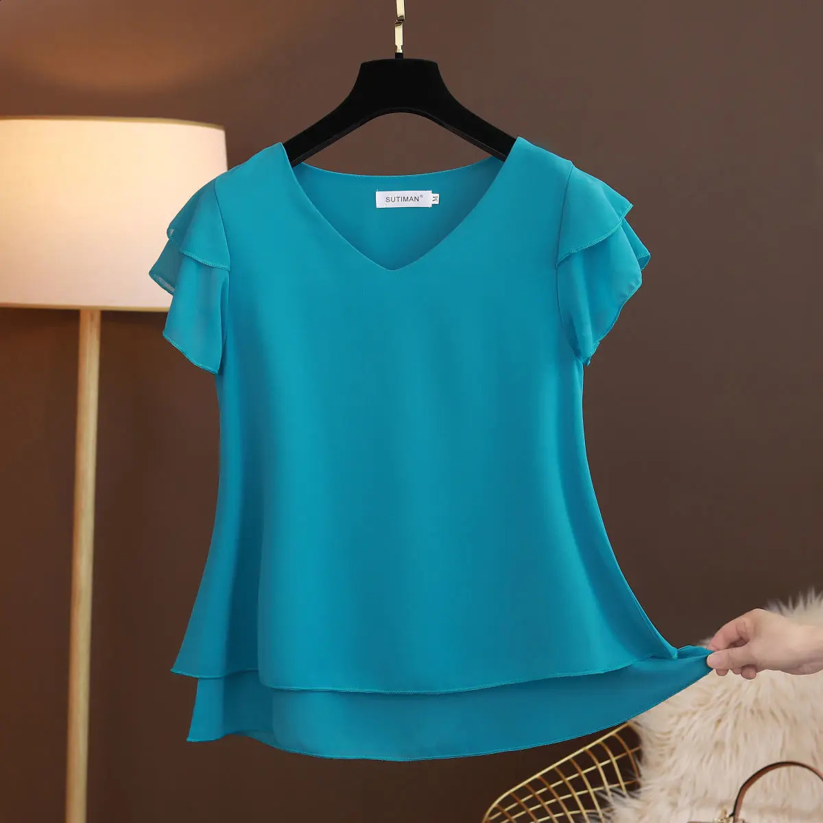 2024 Summer Womens Vneck Chiffon Shirt Loose Short sleeved Oversized Top Blusas Mujer De 240809