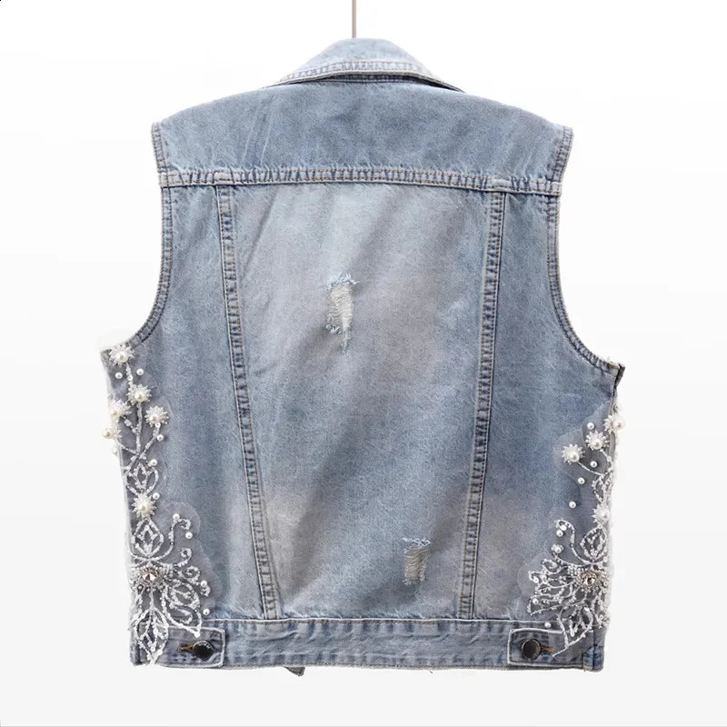 Women Denim Vest 2024 Pearls Fashion Ripped Autumn Jeans Jacket Sleeveless Loose Short Coat Causal Waistcoats Outwear Tops 240813