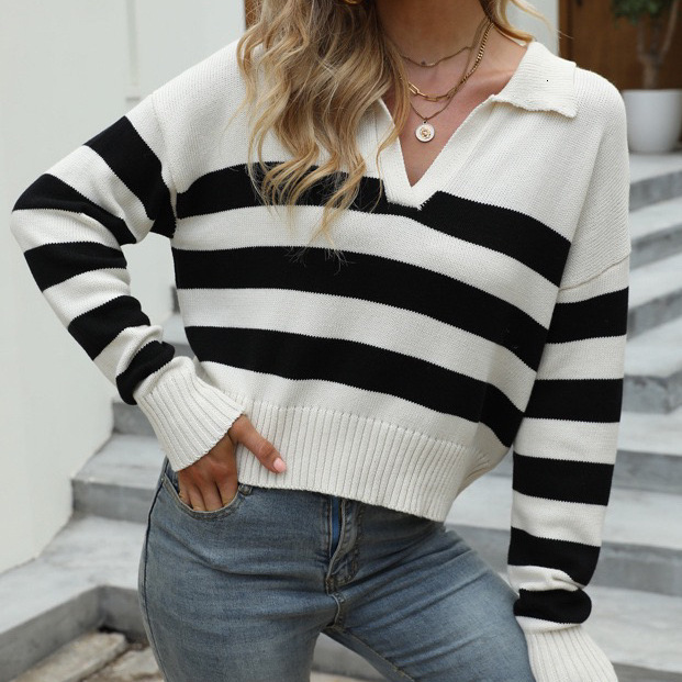 2024 autumn and winter new long sleeved POLO collar knitted top women, loose striped contrasting pullover sweater for women dongdumaoyi