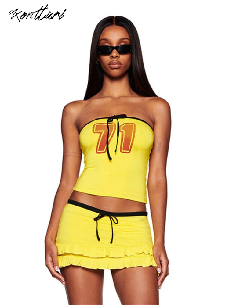 Kontturi Summer Streetwear Y2k Two 2 Piece Sets Women Outfit Slash Neck Crop Tops Yellow Pleated Mini Skirts Matching Sets 240810