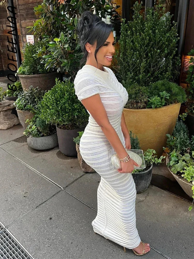 BOOFEENAA Knitted White Sweater Dress Womens Elegant Autumn Winter Short Sleeve Bodycon Long Dresses Celebrity C83-EZ36 240809