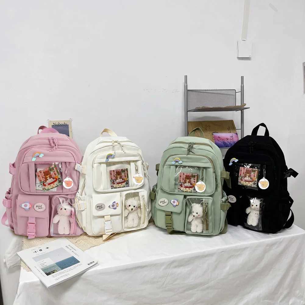 College Student Rucksack Fashion Casual Book Bags Nylon with Plush Pendant Pin Cute Large Capacity Japanese Style for Teen Girls Y240809