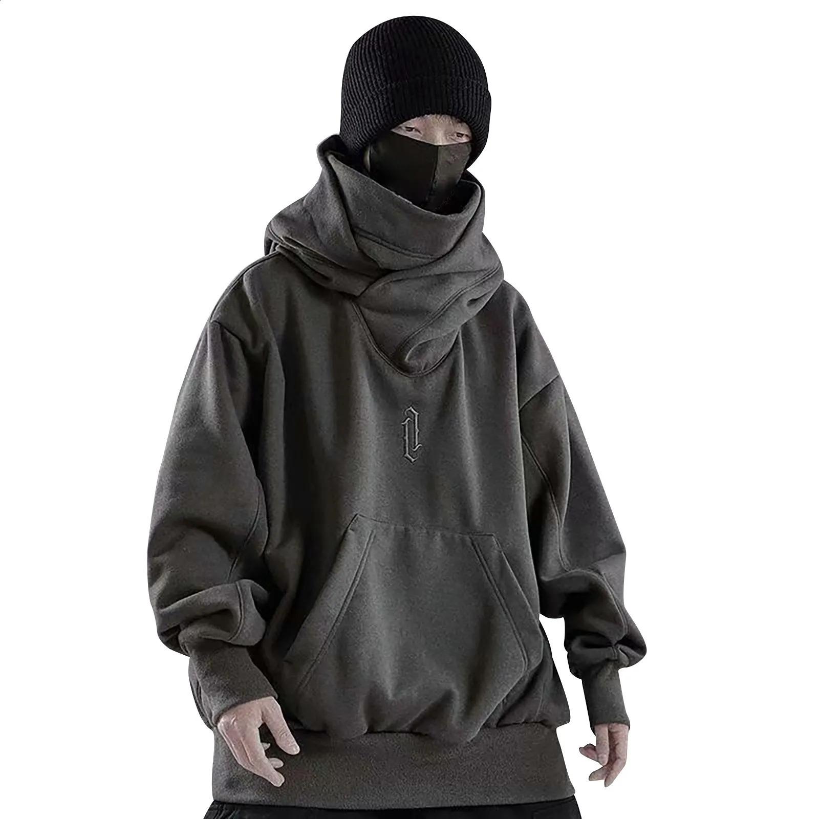 Mens Hip Hop Hoodies High Neck Male Solid Autumn And Winter Ninjas Long Sleeve Hooded Sweatshirt Loose Clothes y240810