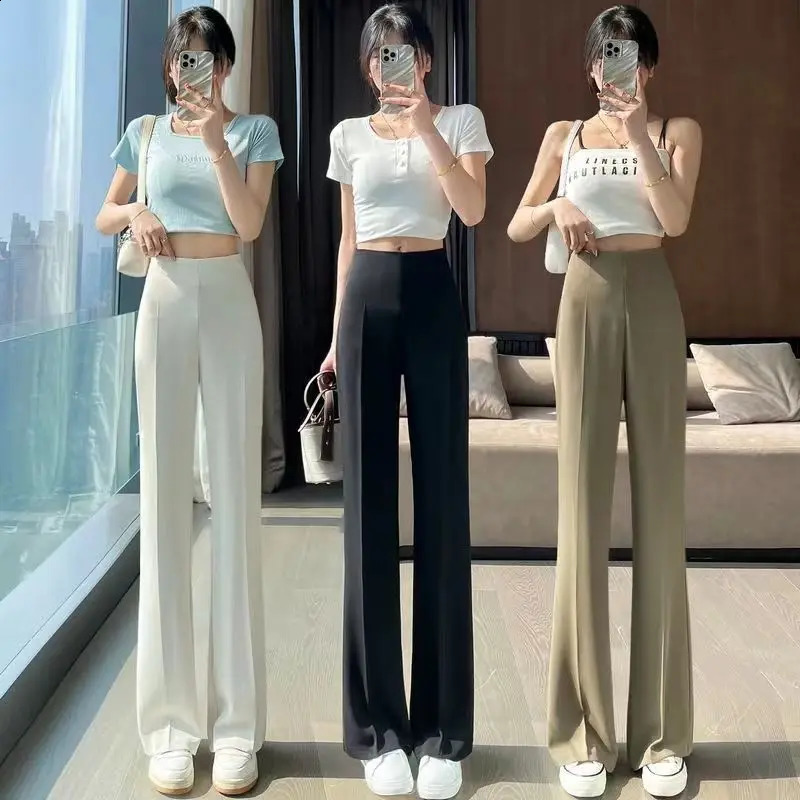 Summer Womens Suit Pants Sexy Straight Trousers Womens Fluid Silk High Waist Korean Style Fashion Elegant Casual 240809CJ