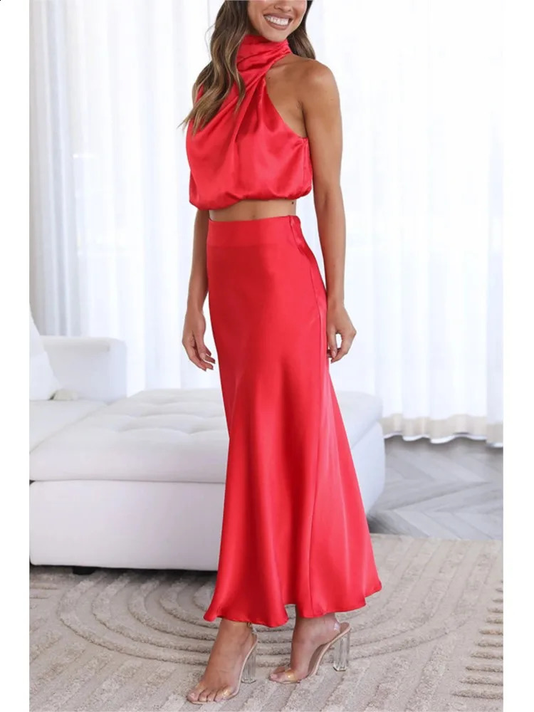 Two Piece Set For Women Satin Midi Long Skirts Sleeveless Off Shoulder Solid Color Sexy Cropped Top A-line Skirt Set 2 Piece 240810 - view 3
