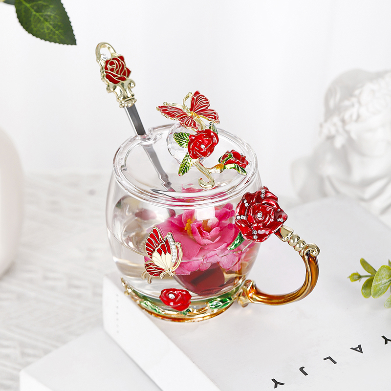 Rose coffee cup Round enamel color water cup high temperature resistant crystal glass light luxury transparent tea cup