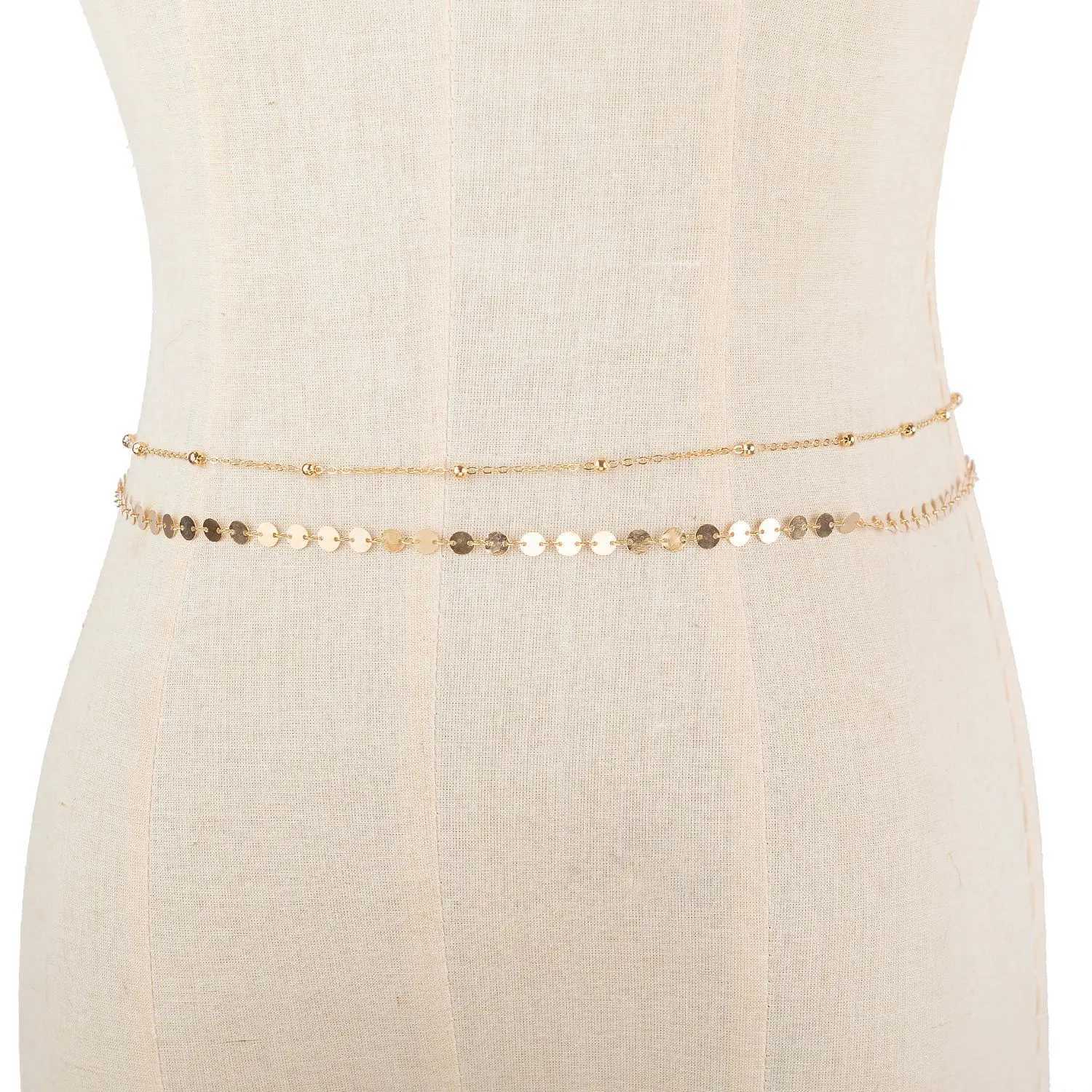 Cross border jewelry from Europe and America simple sequin beads stainless steel handmade waist chain womens body chain W240809